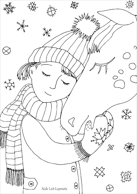 Girl white Horse christmas winter snow Coloring page