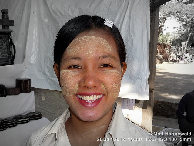 Burma, Myanmar, Bagan, Burmese woman, people, street portrait, headshot, focal black and white, thanaka face cosmetic