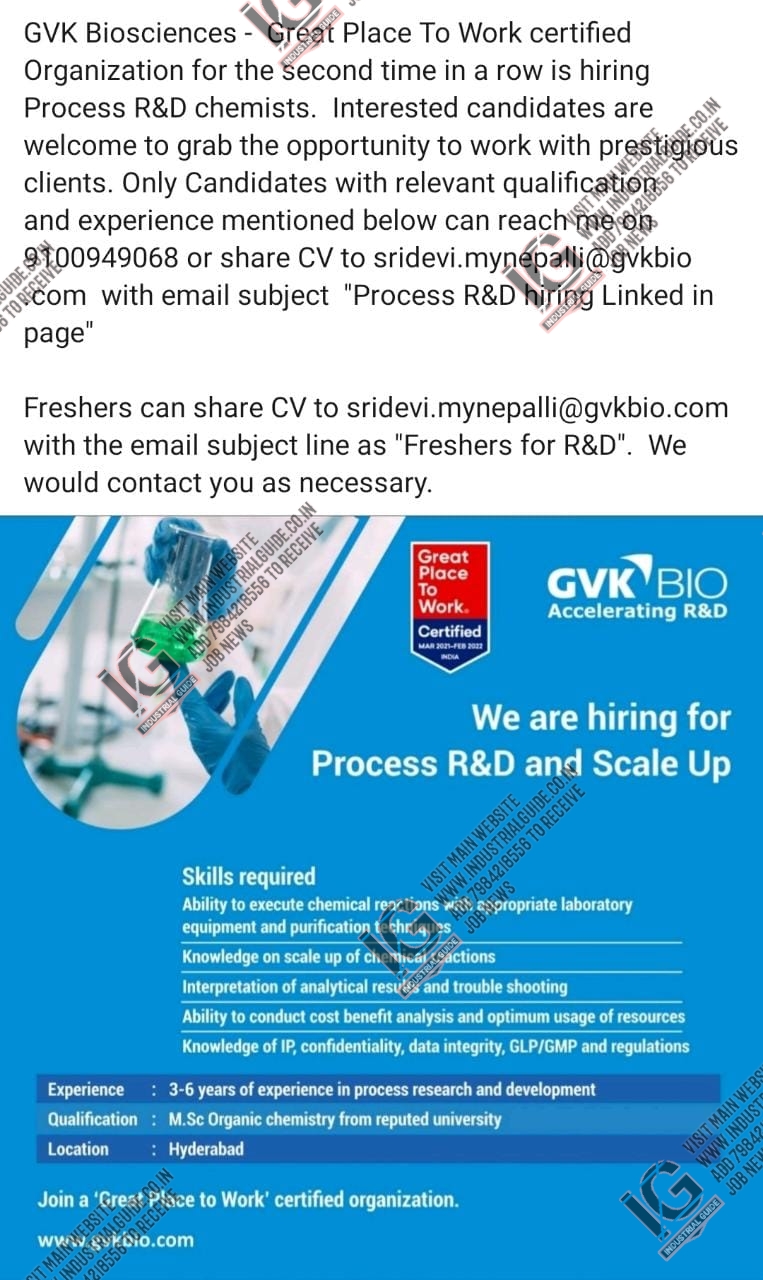 GVK Bioscience jobs for Process R&D apply now