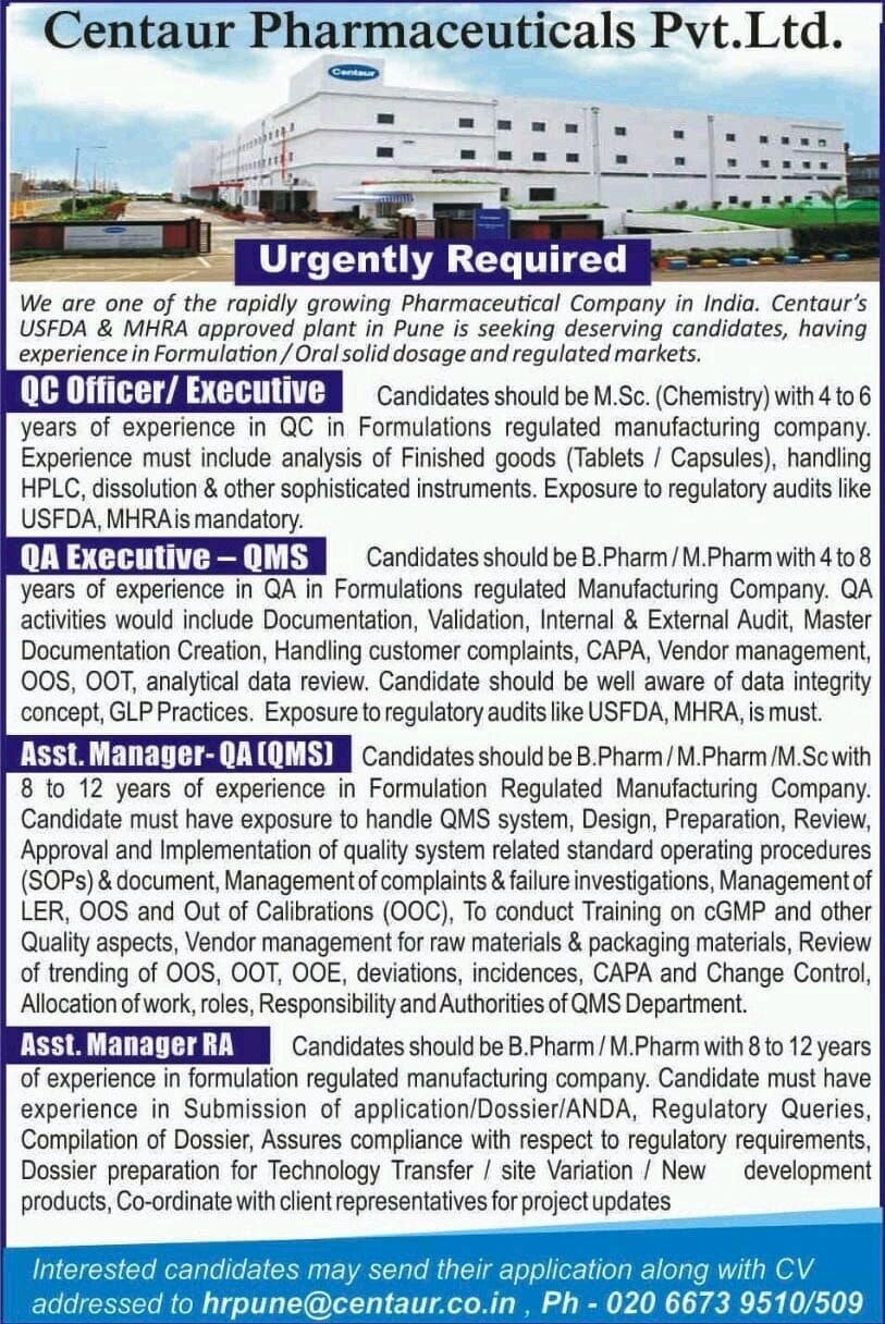 Centaur Pharmaceutical jobs for Quality Control Quality Assurance apply now