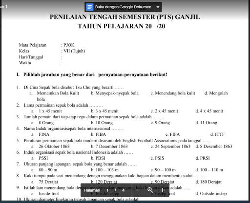 Soal Pts Pjok Kelas 7 Semester 1 Kurikulum 2013 Soal Pelajaran