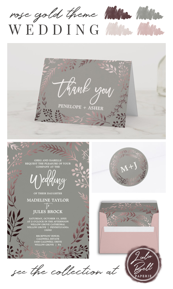 Elegant Rose Gold and Gray Leafy Frame Wedding Collection