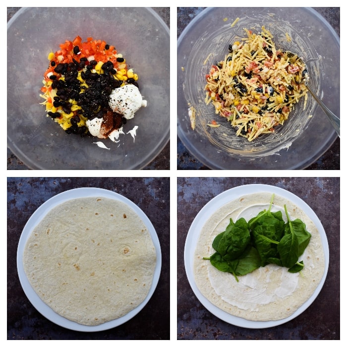 Making Tex Mex Cheese Crunch Wrap - Step 2 Making Tex Mex Cheese Crunch Wrap - Step 2 - mixing the wrap filling then adding vegan sour cream and spinach