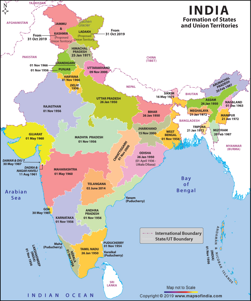 New brand map of India with date of establishment of each region