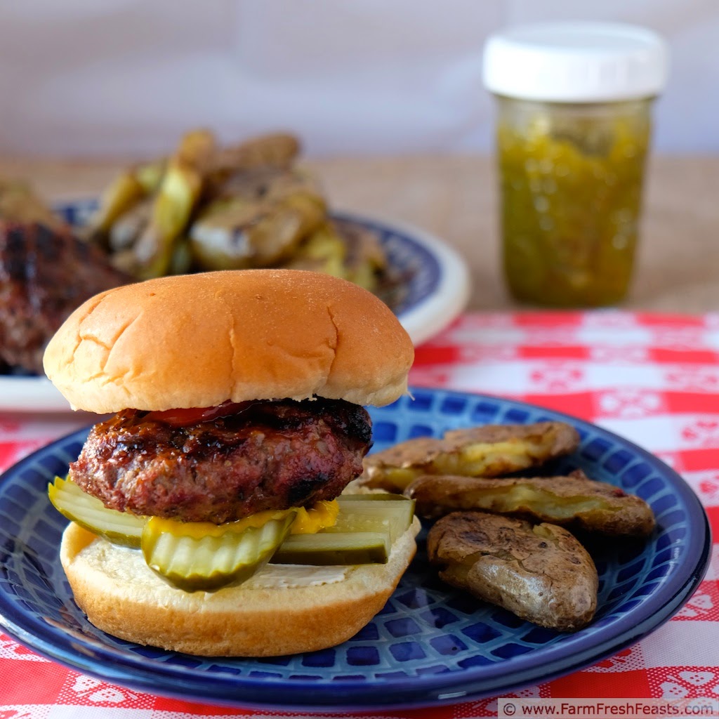 A simple burger with a little something extra--green tomato bacon jam mixed into the beef makes each bite juicy and full of flavor.