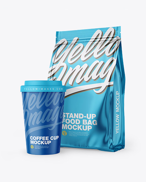 Download Metallic Stand Up Bag With Coffee Cup Mockup Yellowimages Mockups