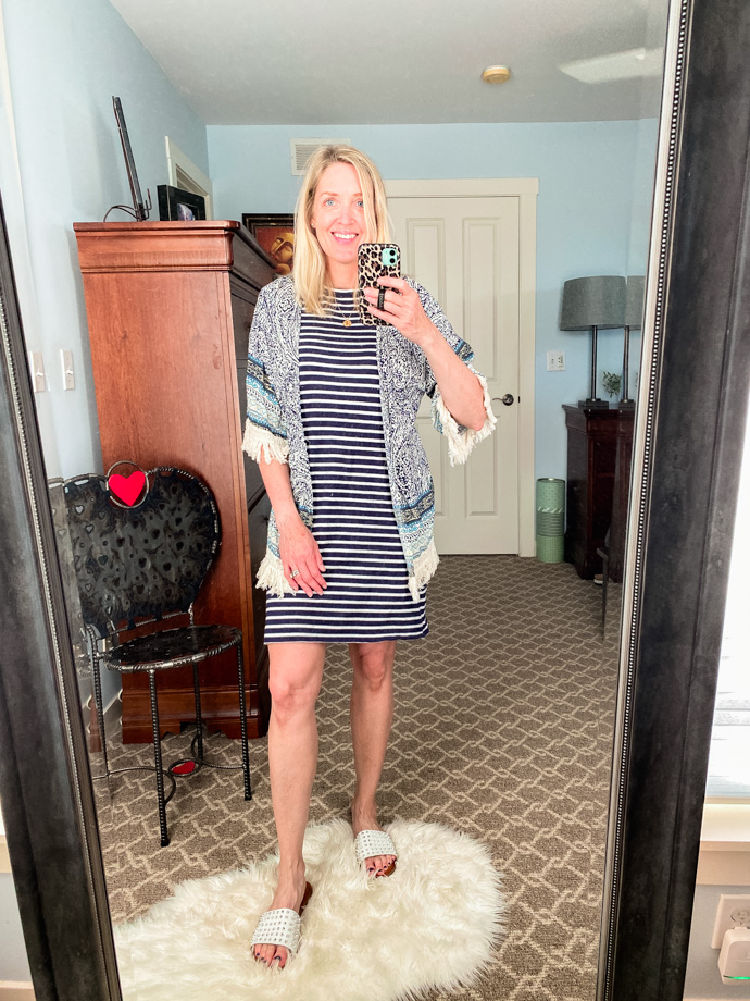 striped t-shirt dress + printed kimono