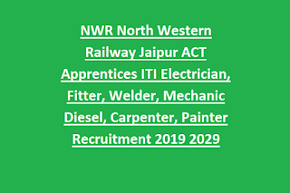 NWR North Western Railway Jaipur ACT Apprentices ITI Electrician, Fitter, Welder, Mechanic Diesel, Carpenter, Painter Recruitment 2019 2029 Govt Jobs