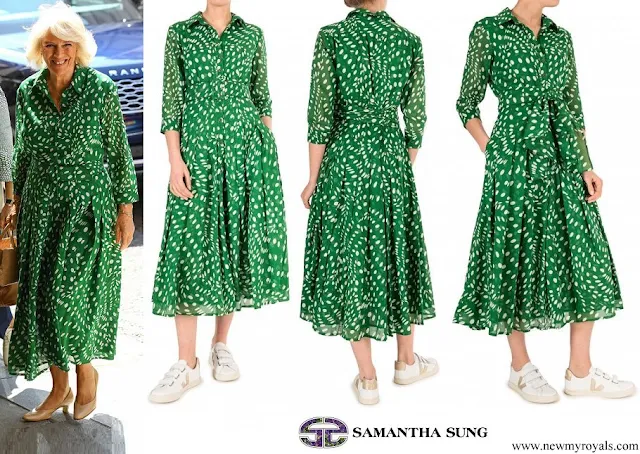 The Duchess wore a new ivy green floral print audrey drapery dota dress from Samantha Sung