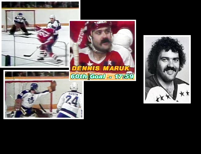 Vs. Toronto: On April 3, 1981, Dennis Maruk fires his 60th goal past a grasping Vince Tremblay. (Book Pg. 130) Dennis once wore a blonde wig into the dressing room, but as you can see, his own curls are adorable. (Book Pg. 129)