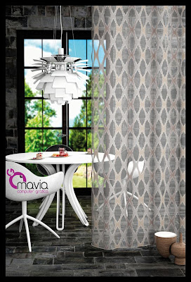 Vray for Cinema 4d Rendering 3d:Ambiente virtuale salotto - soggiorno con tavolo e sedie bianche, lampadario dal design 