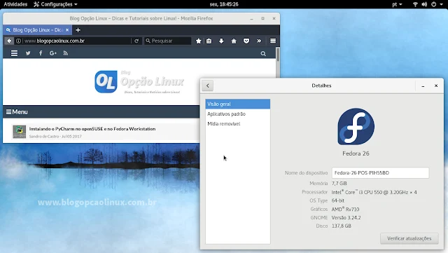 Área de trabalho do Fedora 26 Workstation, com desktop GNOME 3.24