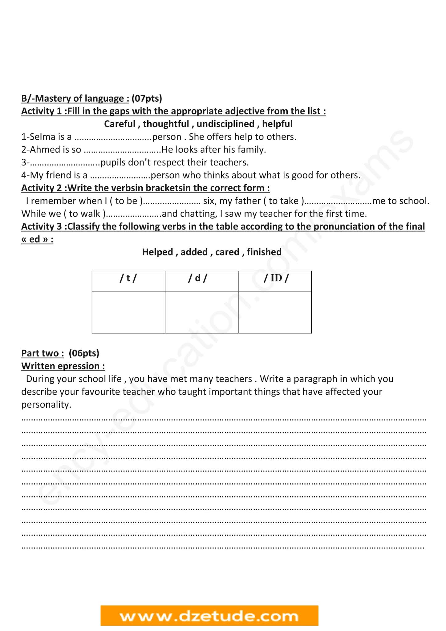 فرض الإنجليزية الفصل الثاني للسنة الرابعة متوسط - الجيل الثاني نموذج 3 فرض الإنجليزية الفصل الثاني للسنة الرابعة متوسط - الجيل الثاني نموذج 3