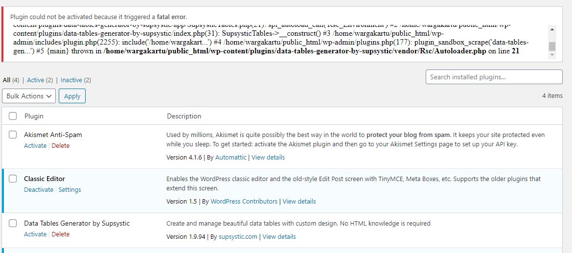 Fatal error Data Tables Generator PRO Version 1.4.3 Ultimate