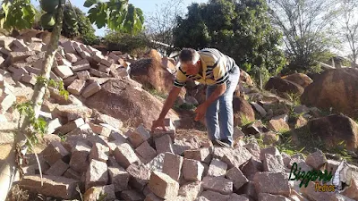 Bizzarri procurando pedra paralelepípedo na cor avermelhada para fazer um calçamento de pedra na cidade de Sousas-SP e revestimento de pedra com paralelepípedo rachado na base da casa para evitar a umidade no pé da parede.