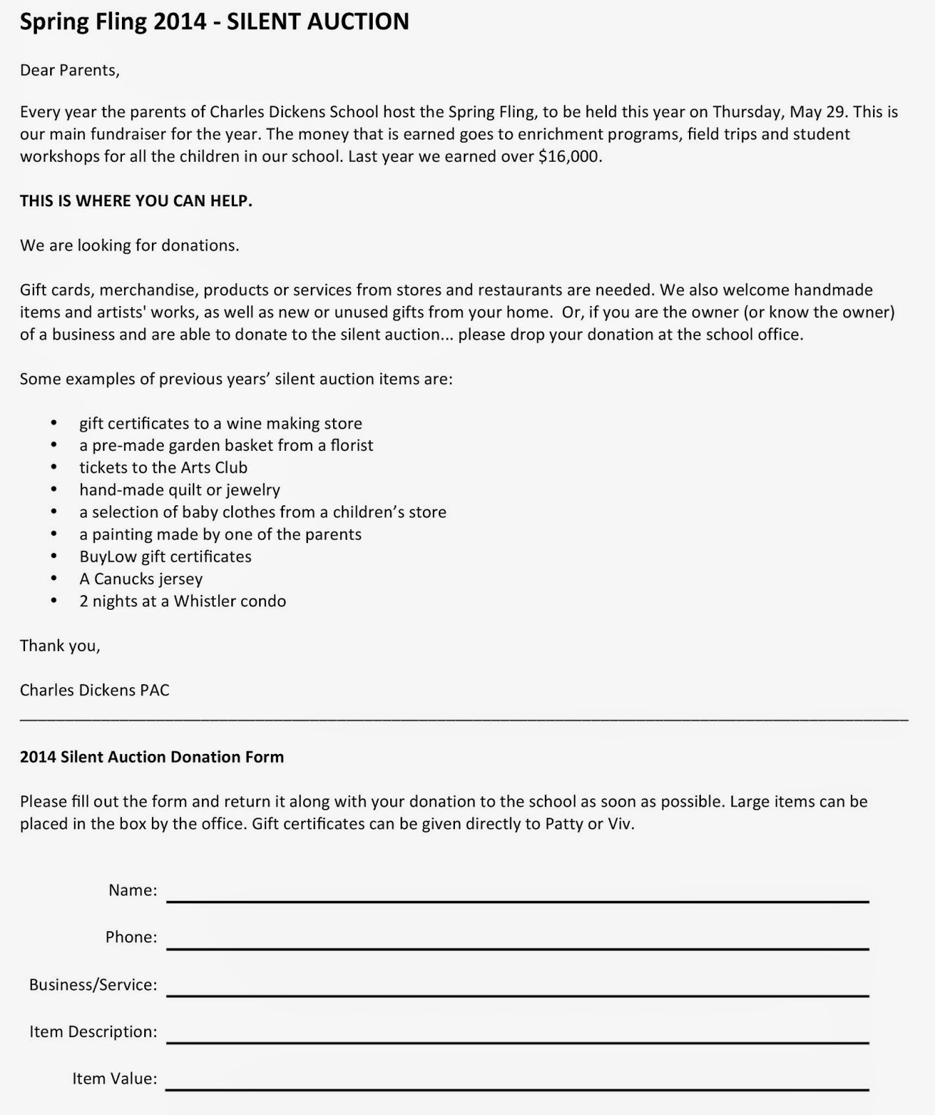 CHARLES DICKENS PAC Silent Auction Donations