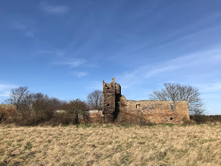 Side view of the castle ruins and tower from across the remains of what was once a walled orchard and garden.  Photo by Kevin Nosferatu for the Skulferatu Project.