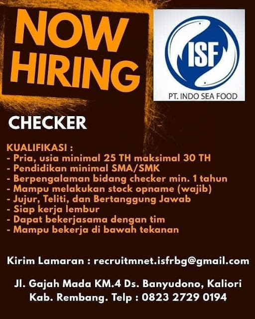 Lowongan Kerja Checker PT. Indo Sea Food RembangLowongan Kerja Checker PT. Indo Sea Food Rembang Lowongan Kerja Checker PT. Indo Sea Food Rembang