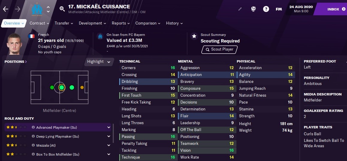 Mickael Cuisance: Starting Attributes in FM2021