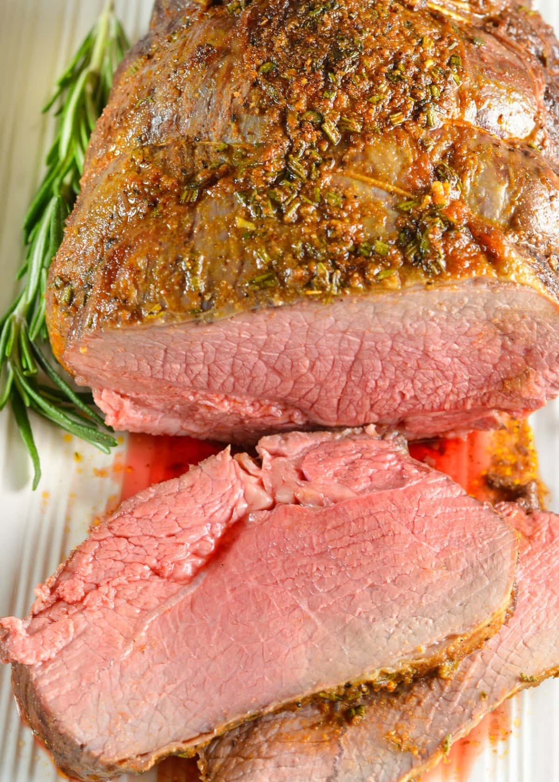 Sliced Sirloin Tip Roast on a platter from Serena Bakes Simply From Scratch.