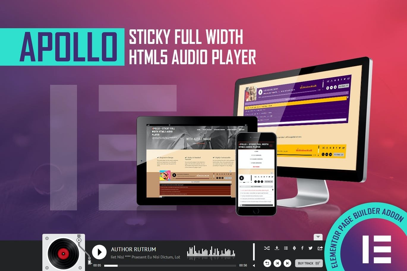 Apollo - Sticky Full Width HTML5 Audio Player  - Elementor Widget
