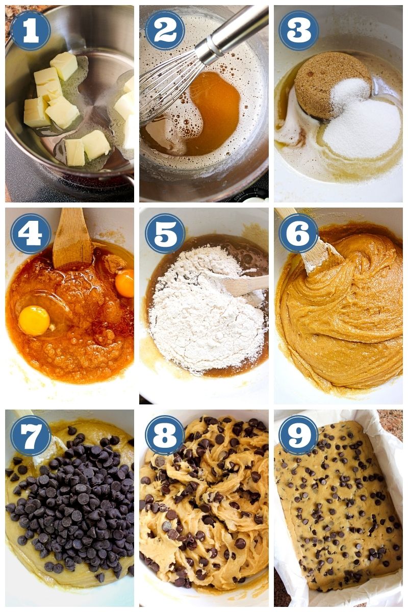 Brown Butter Chocolate Chip Cookie Bars | The Two Bite Club | #chocolate #cookiebars y step collage of images of brown butter chocolate chip cookie bars being made.