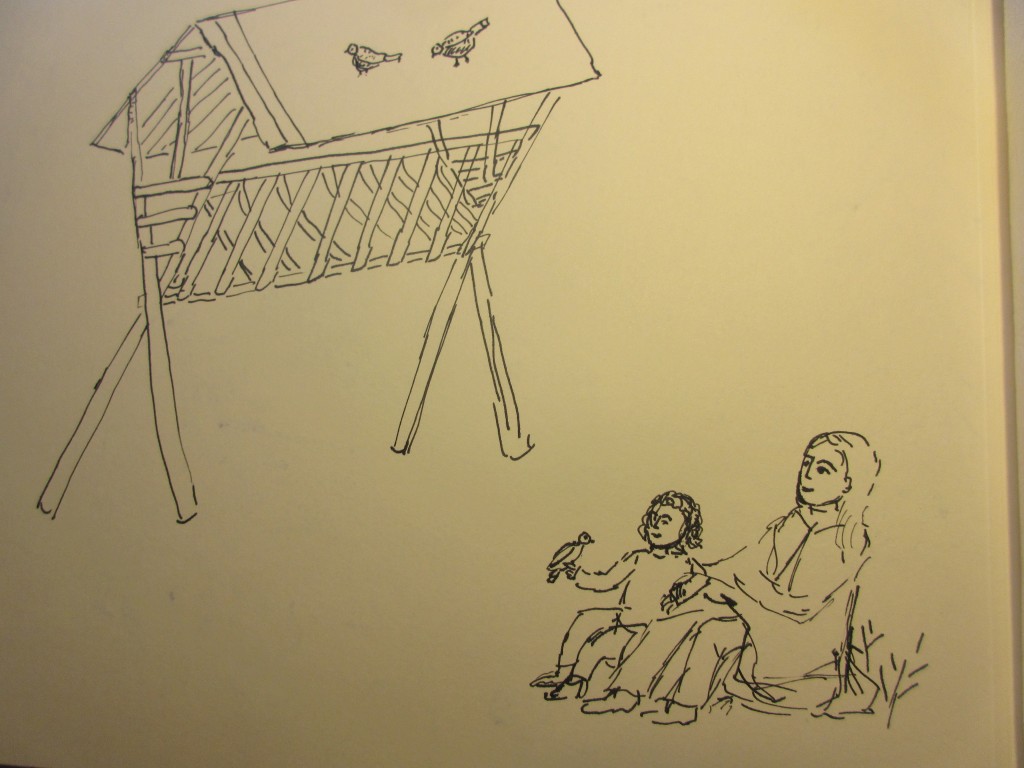 Mit Lena an der Futterkrippe eine Tuschezeichnung Kongseb