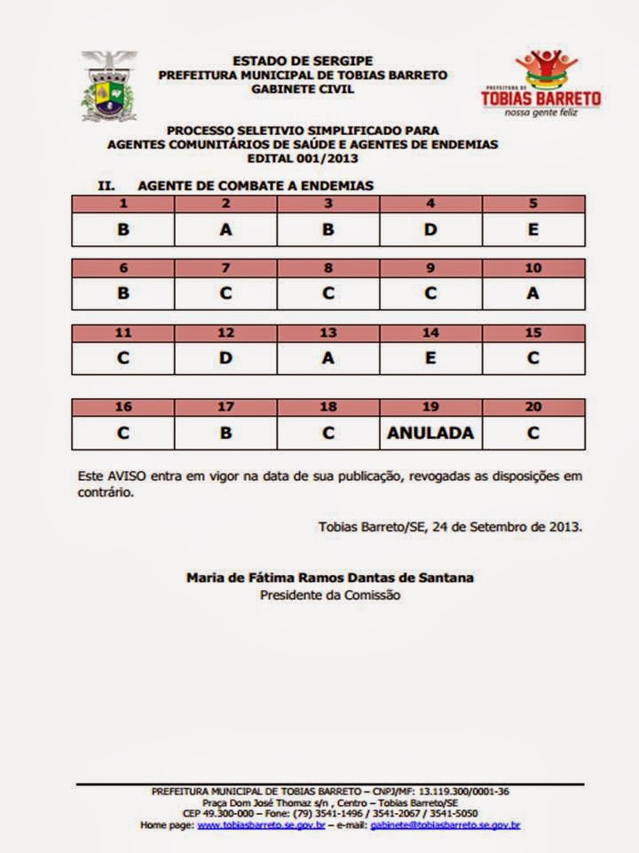 SINDACS DICAS: Gabarito oficial das provas para ACS e ACE de Tobias ...