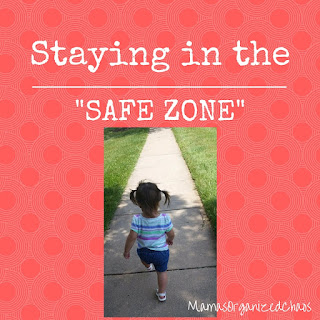 Text: Staying in the "Safe Zone" Picture: toddler girl walking away from camera on sidewalk. Background: Pink with dark pink polka dots