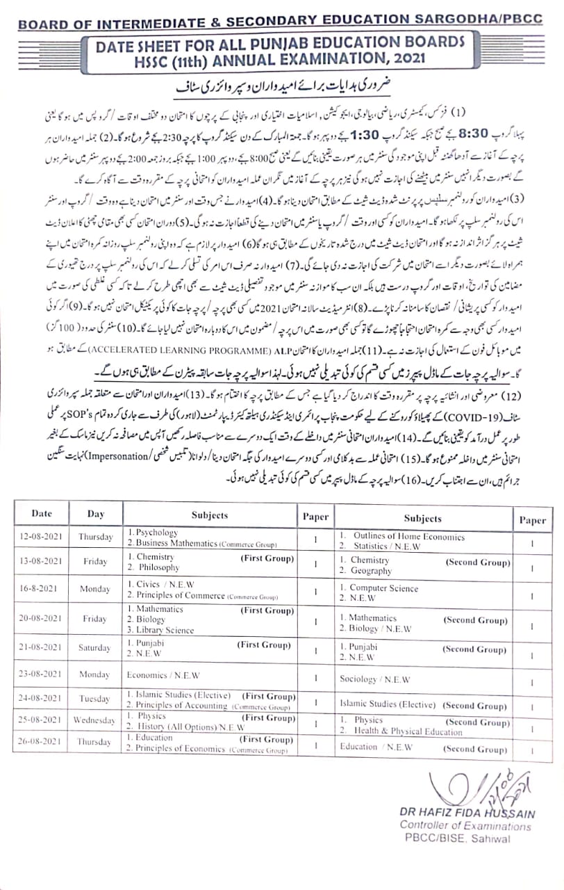 F.A Fsc PartI 1st year date sheet 2021