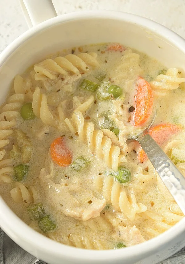a white bowl with creamy chunky chicken noodle soup