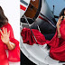 Omotola glows in red as she emerges from private jet for her 40th birthday shoot