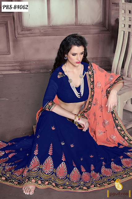Navy blue color heavy embroidery sarees with price online India