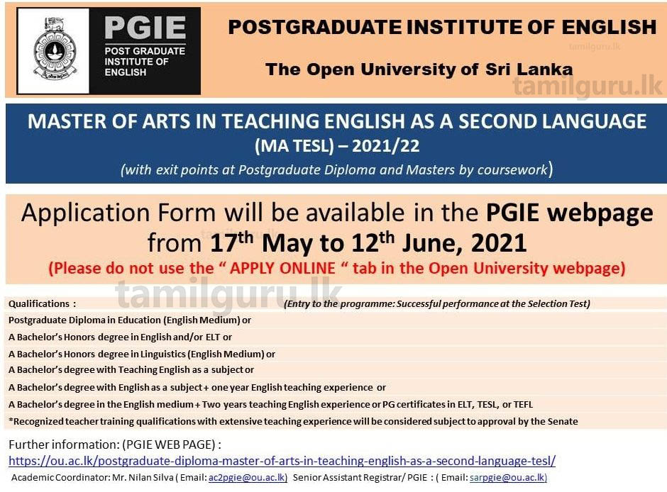 Master of Arts in Teaching English as a Second Language 2021 - Open University