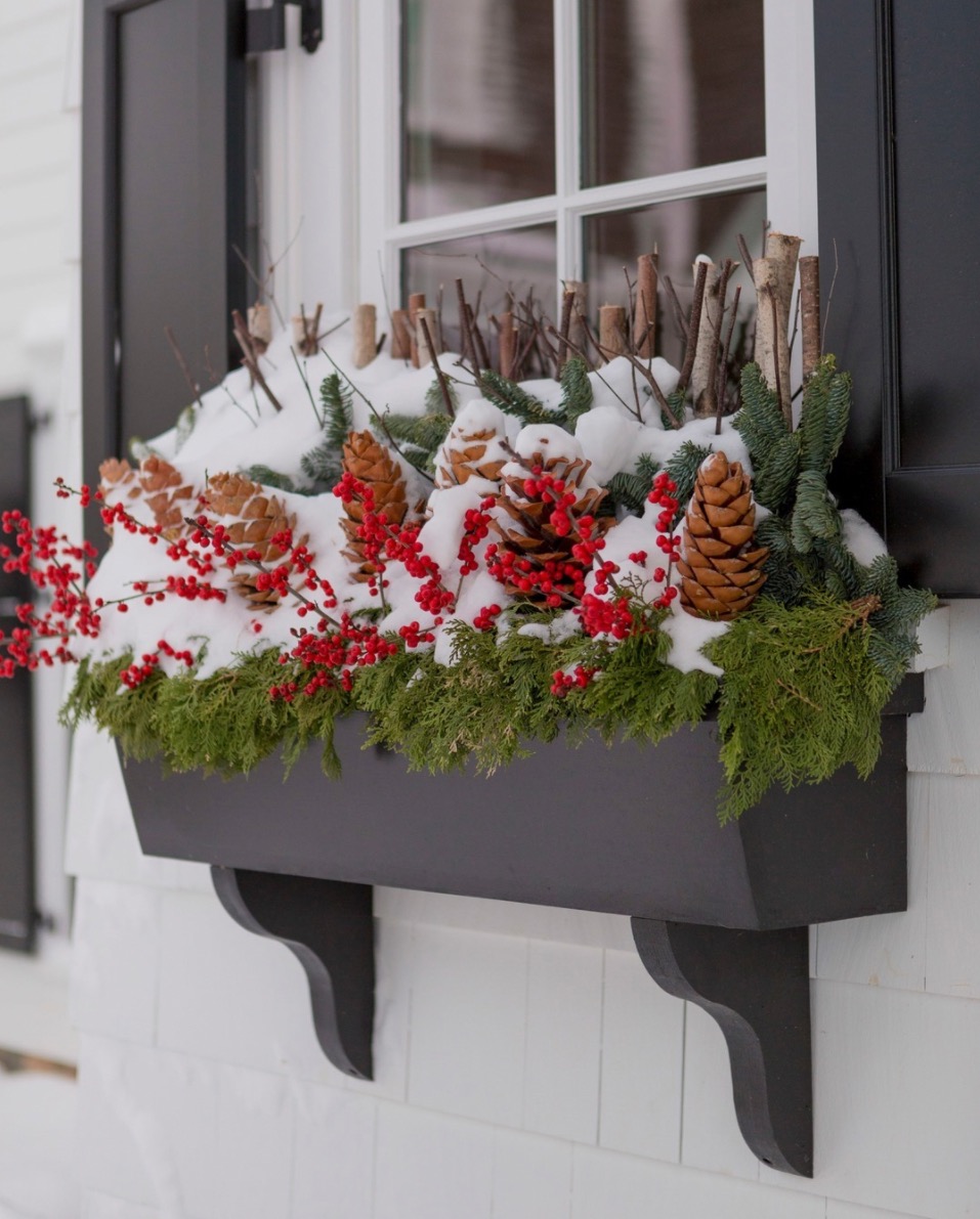 Content in a Cottage Window Box with Christmas Decor