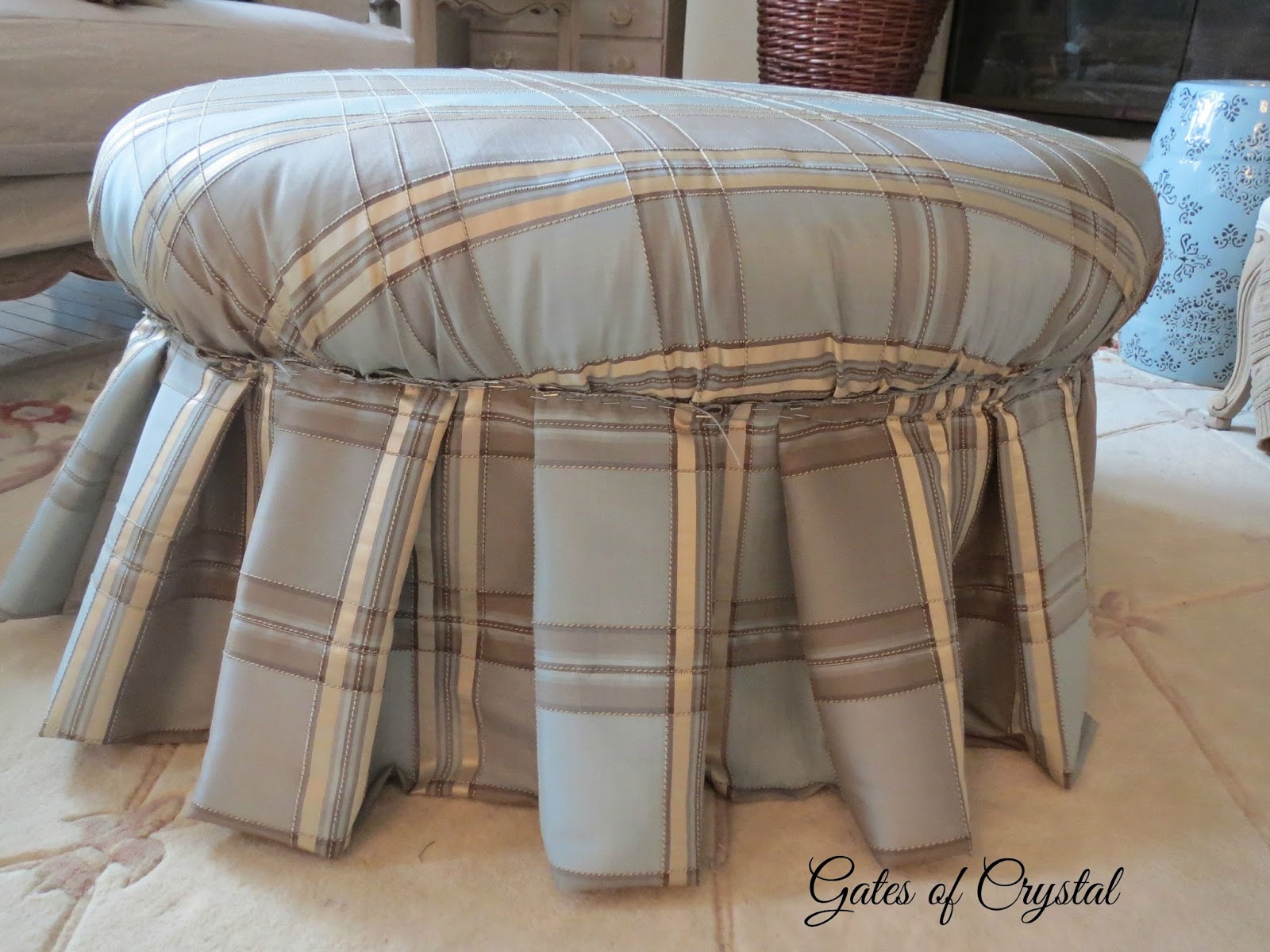 Gates of Crystal Reupholstering a Round Ottoman With Almost No Sewing!