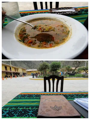 Eating quinoa soup on Ollantaytambo Main Plaza in Peru