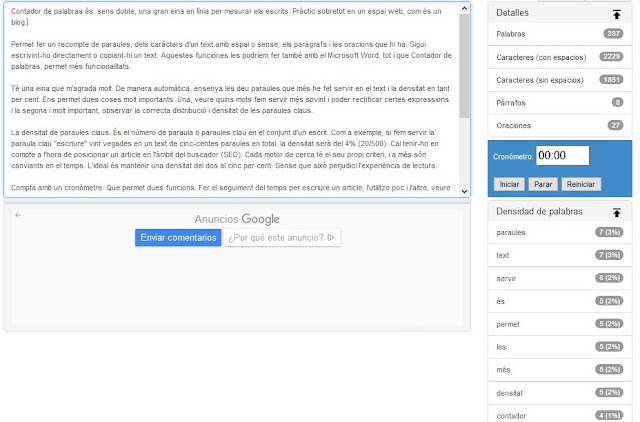 Captura pantalla de eina en línia, Contador de palabras