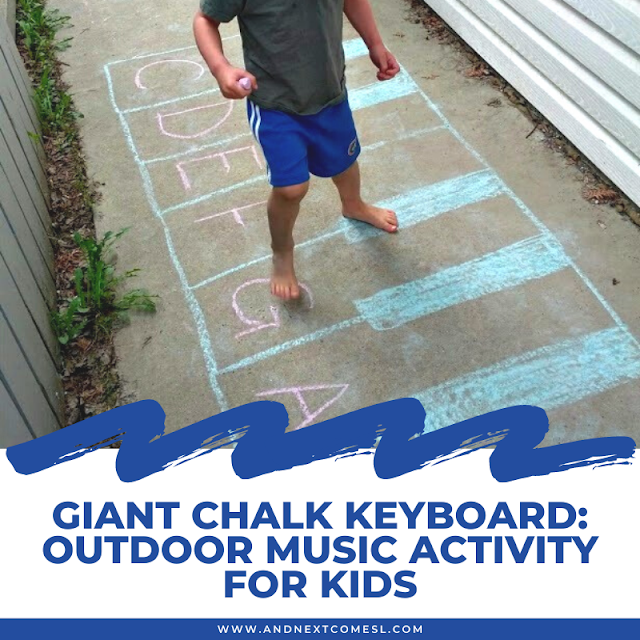 Giant piano keyboard drawing made out of chalk as part of an outdoor music activity for kids