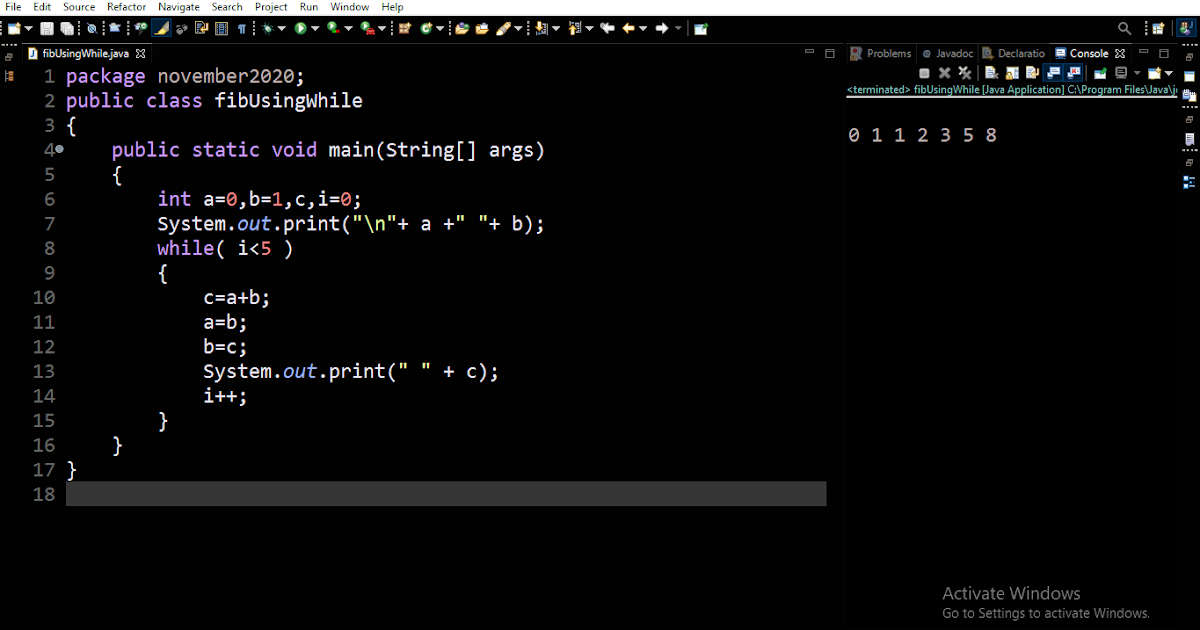 Basic Java Programs: Fibonacci Series using While Loop image.