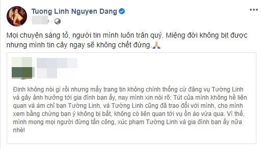 Hoa hậu Tường Linh lần đầu lên tiếng khi bị đồn nằm trong đường dây bán dâm: ‘Cây ngay sẽ không chết đứng’