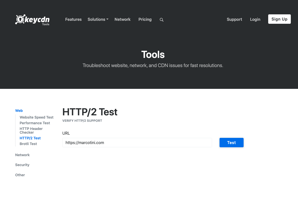 Screenshot di tools.keycdn.com/http2-test