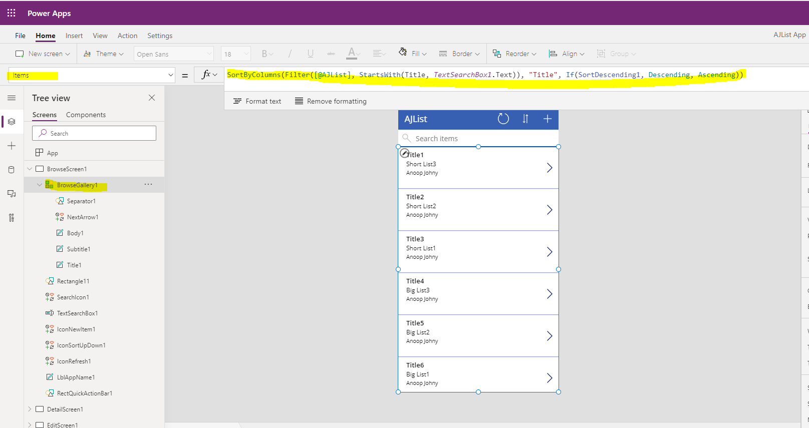 Johny's Microsoft Tips Power Apps Searching and Sorting on Gallery