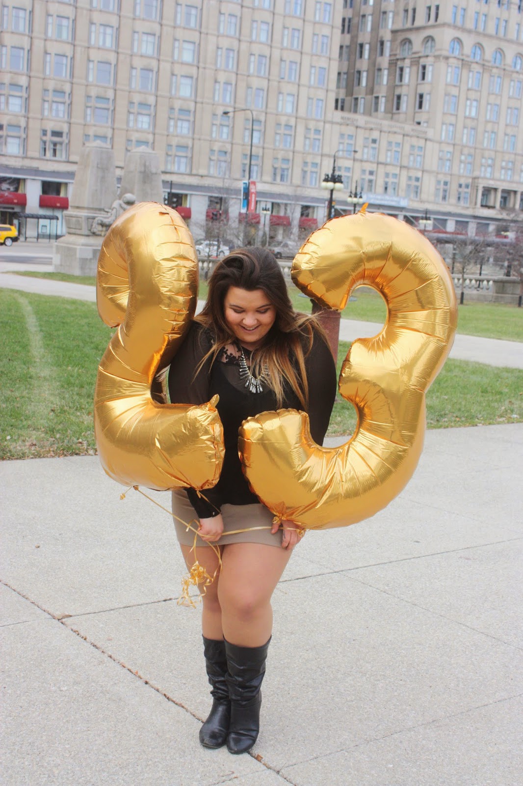 fatshion, fashion blogger, fat girl fashion, happy birthday, gold number balloons,  feeling 22, 23rd birthday, natalie craig, natalie in the city, betsey Johnson coat, skirt, thick girls, plus size fashion blogger, inspirational, college graduate, columbia college chicago, USA today, steve harvey show, embrace your curves