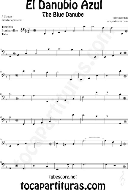 Partitura de El Danubio Azul para Trombón, Tuba y Bombardino en Clave de Fa de Johann Strauss. Trombone Sheet Music Classical music