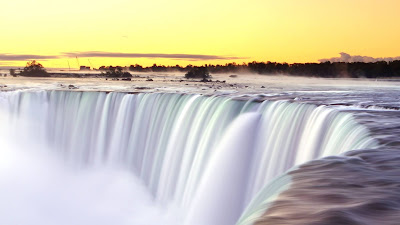 Waterfall, Current, Sunset, Trees