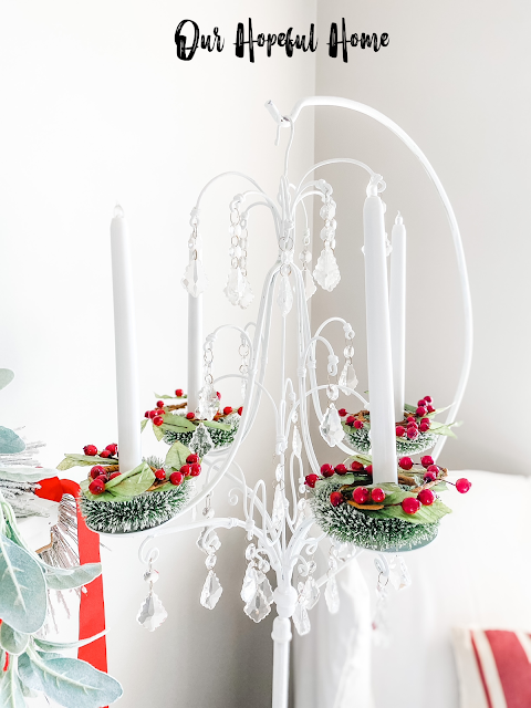 white candle chandelier LED taper candles mini wreaths