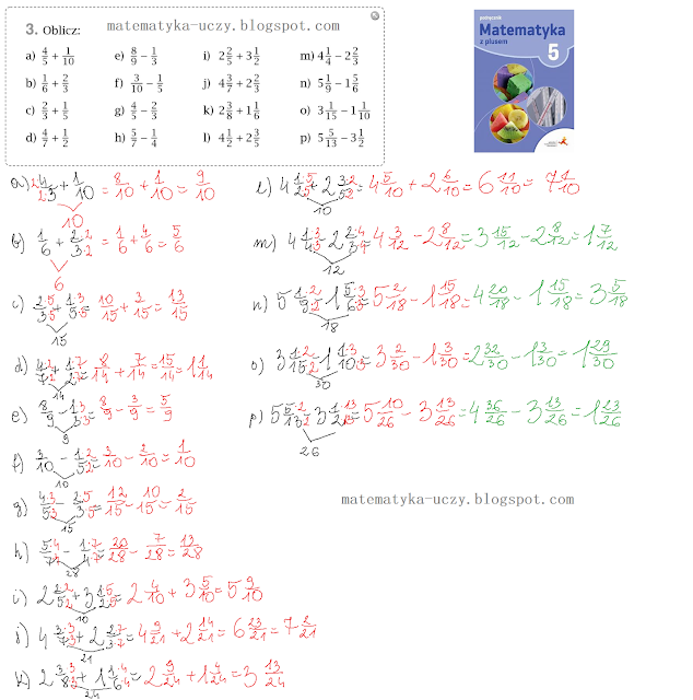 Zad. 3 str. 86 "Matematyka z plusem 5" Dodawanie i odejmowanie ułamków o różnych mianownikach