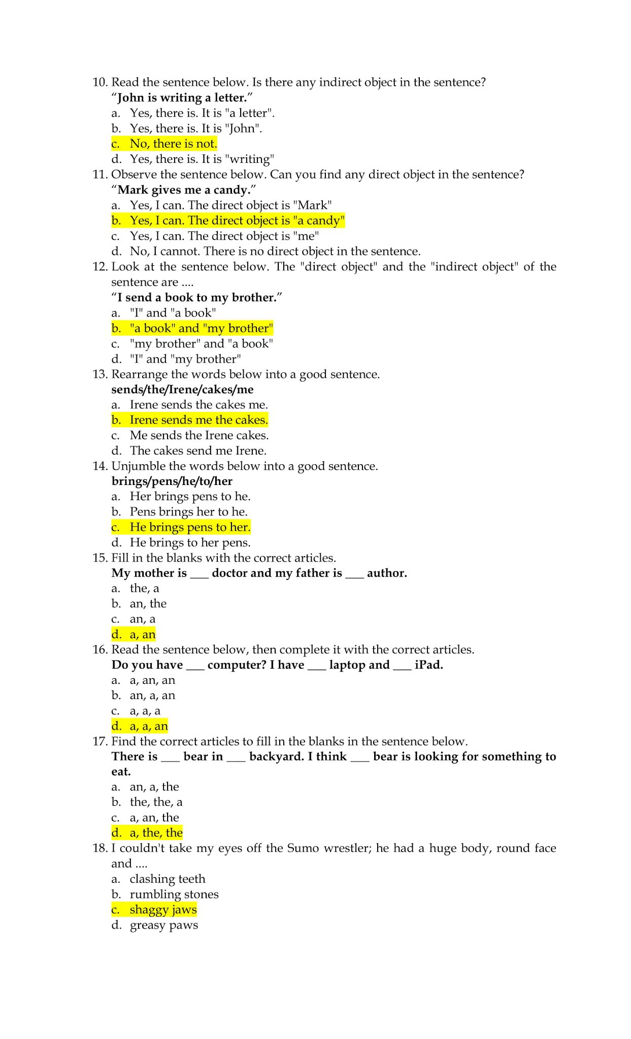 Answer Key of English Monthly Test I - Grade 5 SD BPS