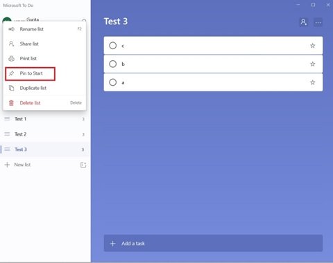 Épingler les listes de tâches Microsoft au menu Démarrer